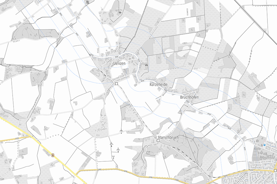 Karte mit Privilegierungs-Korridoren entlang von Kreisstraßen basierend auf ATKIS-Daten