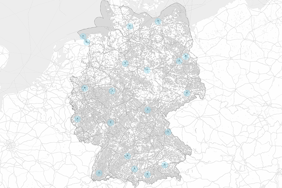 Karte mit Wetterradarabdeckung, dargestellt mit 15 km und 5 km Reichweitenzonen, farblich markierte Radarbereiche.