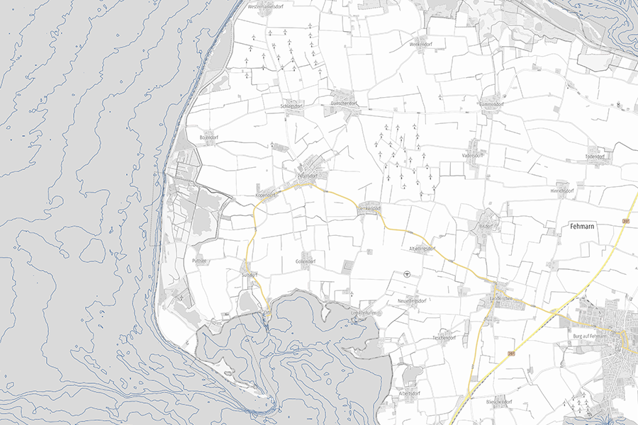 Graue Karte mit feinen Isobathenlinien zur Darstellung der Wassertiefen vor Fehmarn