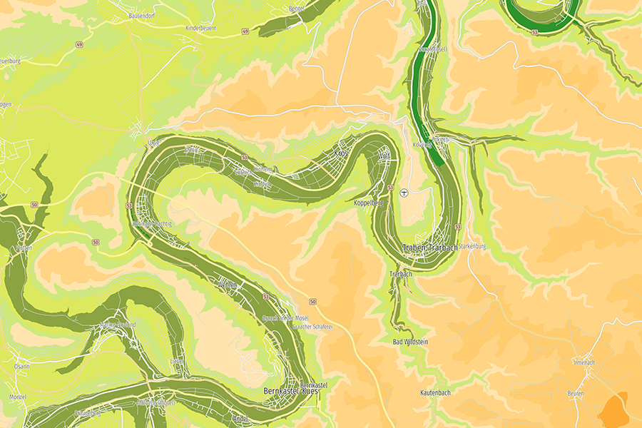 Detailreiche Höhenkarte der Moselschleifen bei Traben-Trarbach mit DGM1-Tiefen und Höhen
