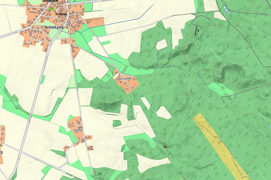 OpenStreetMap-Karte im Pastell-Layout mit DGM 1 Höhenschummerung zur Darstellung von Geländeformen und Höhenstrukturen.