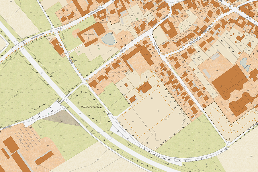 ALKIS-Kartendarstellung im historischen Stil alter Karten mit klassischen Farben und nostalgischer Gestaltung