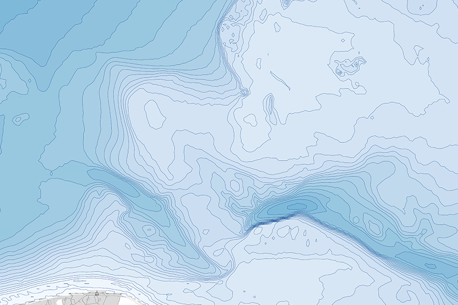Karte mit blauen Tiefenflächen und Isobathenlinien zur Darstellung der Meeresstruktur vor Schwedeneck