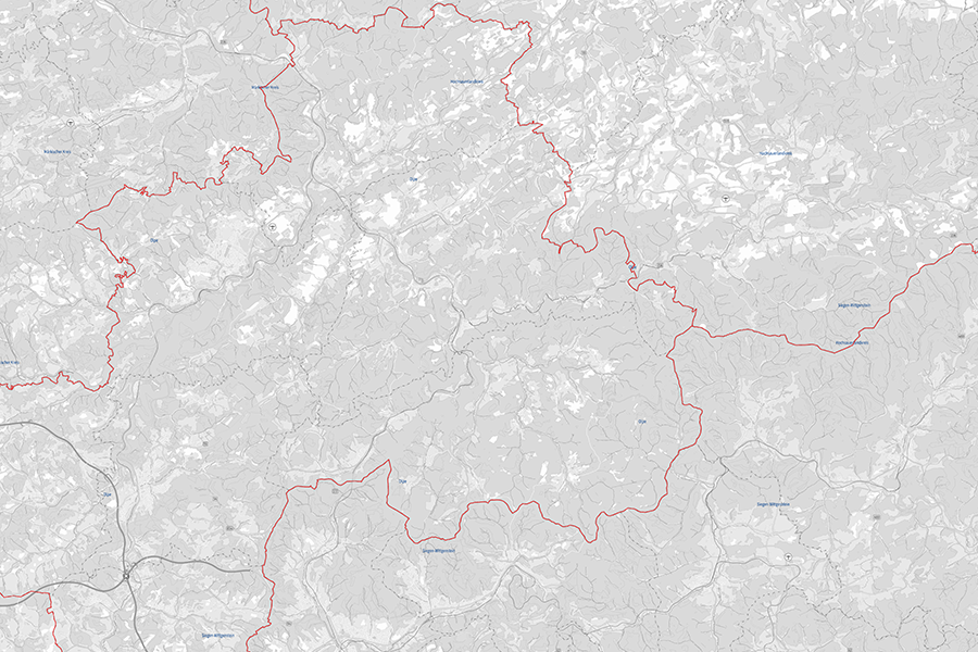 Karte Deutschlands mit Verwaltungsgrenzen der Regierungsbezirke basierend auf ATKIS-Daten, rote Umrandung der Bezirksgrenzen.