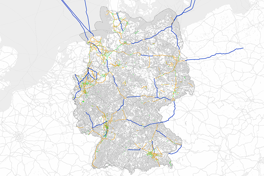 OpenStreetMap-Karte mit eingezeichnetem Gasnetz, einschließlich Hauptleitungen und Verteilungsinfrastruktur