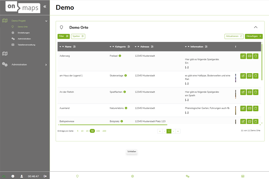 Ansicht in HG mit eingeblendeter Beispieltabelle eingegebener Daten