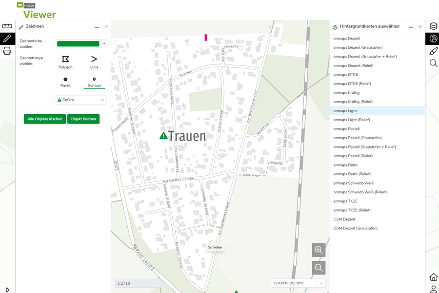 Helle Karte von Trauen mit eingezeichnetem Punktobjekt zur Markierung eines Standorts