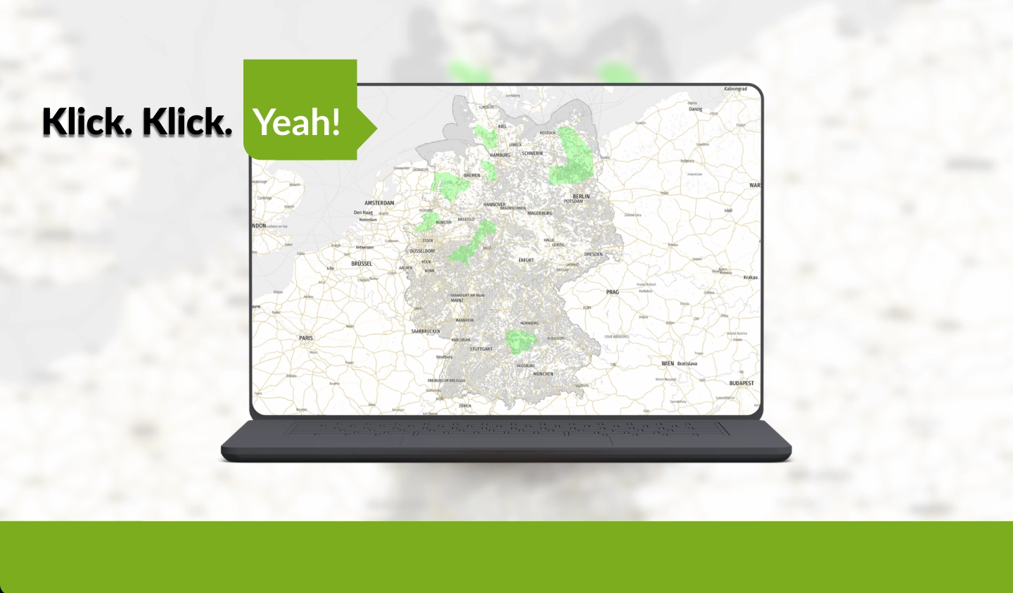 Bildschirm mit "Klick Klick Yeah" und Tieffluggegbieten