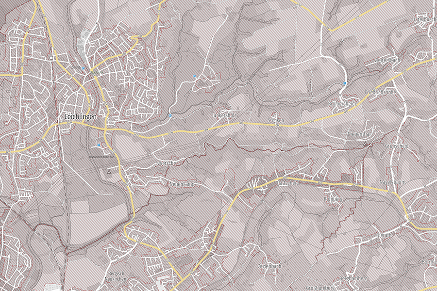 Karte der Bodenrichtwertzonen in Leichlingen und Umgebung mit farbiger Schraffur und Zonengrenzen.