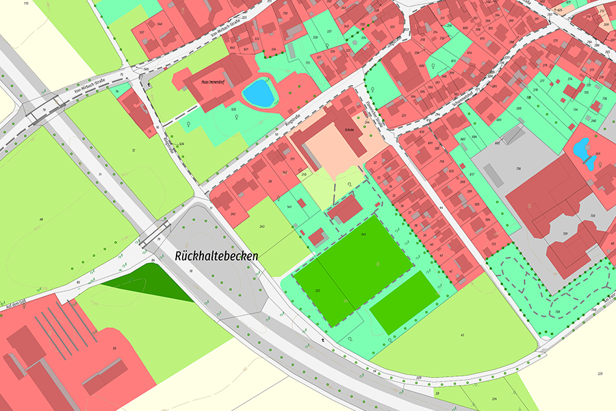 ALKIS-Kartendarstellung mit kräftigen Farben zur Hervorhebung von Gebäuden, Grünflächen und Straßen