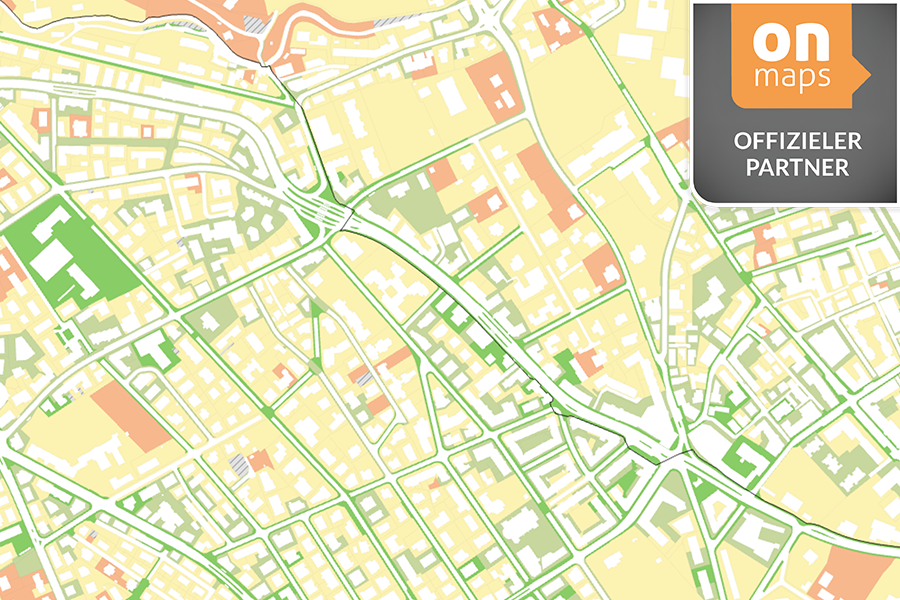 Stadtkarte mit onmaps-Logo zur Darstellung des Entsiegelungspotenzials.