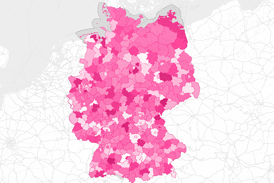 Deutschlandkarte mit klar abgegrenzten Landkreisen in verschiedenen Pinktönen