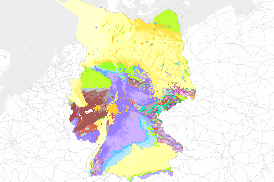 Karte der Sedimentgesteine Deutschlands im Maßstab 1:5.000.000, zeigt die geologische Verteilung verschiedener Sedimentgesteinsarten.