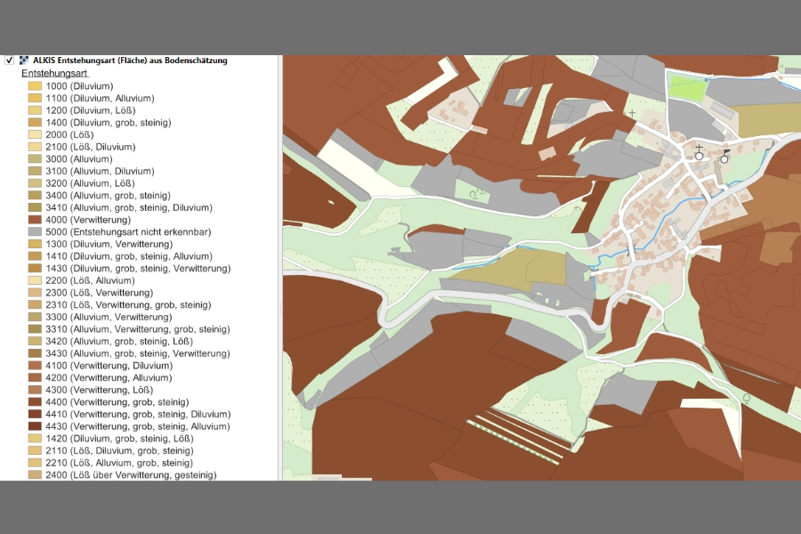 ALKIS Entstehungsart – farbcodierte Karte mit Legende zu Bodenentstehungsarten