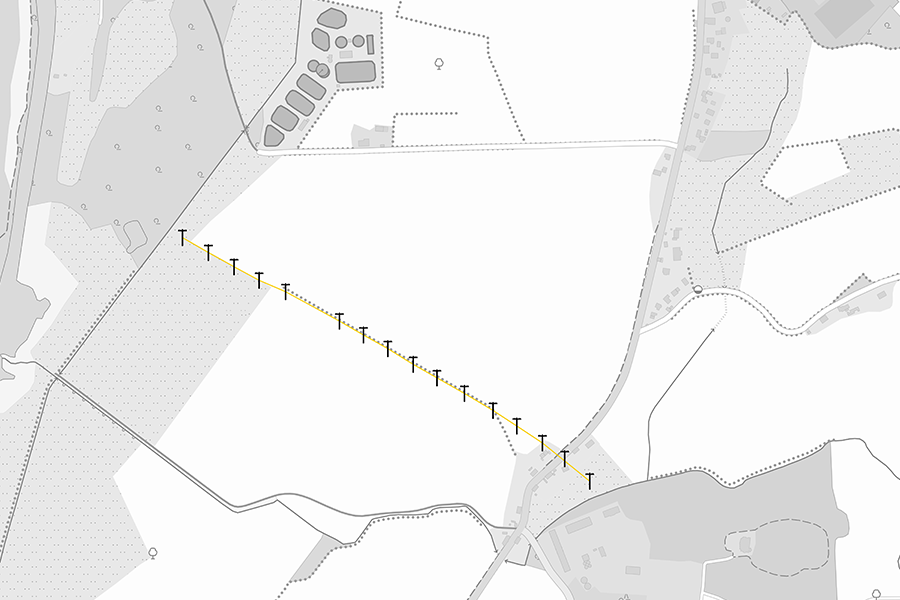 Karte des Niederspannungs-Stromnetzes mit markierten Strommasten, zeigt die elektrische Infrastruktur und Verteilung der Versorgungsleitungen