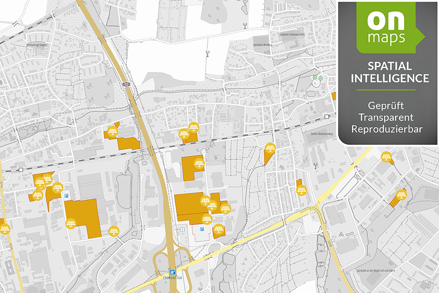 Karte mit ALKIS-Flurstücken und Marktstammdaten-Solaranlagen inklusive onmaps-Gütesiegel