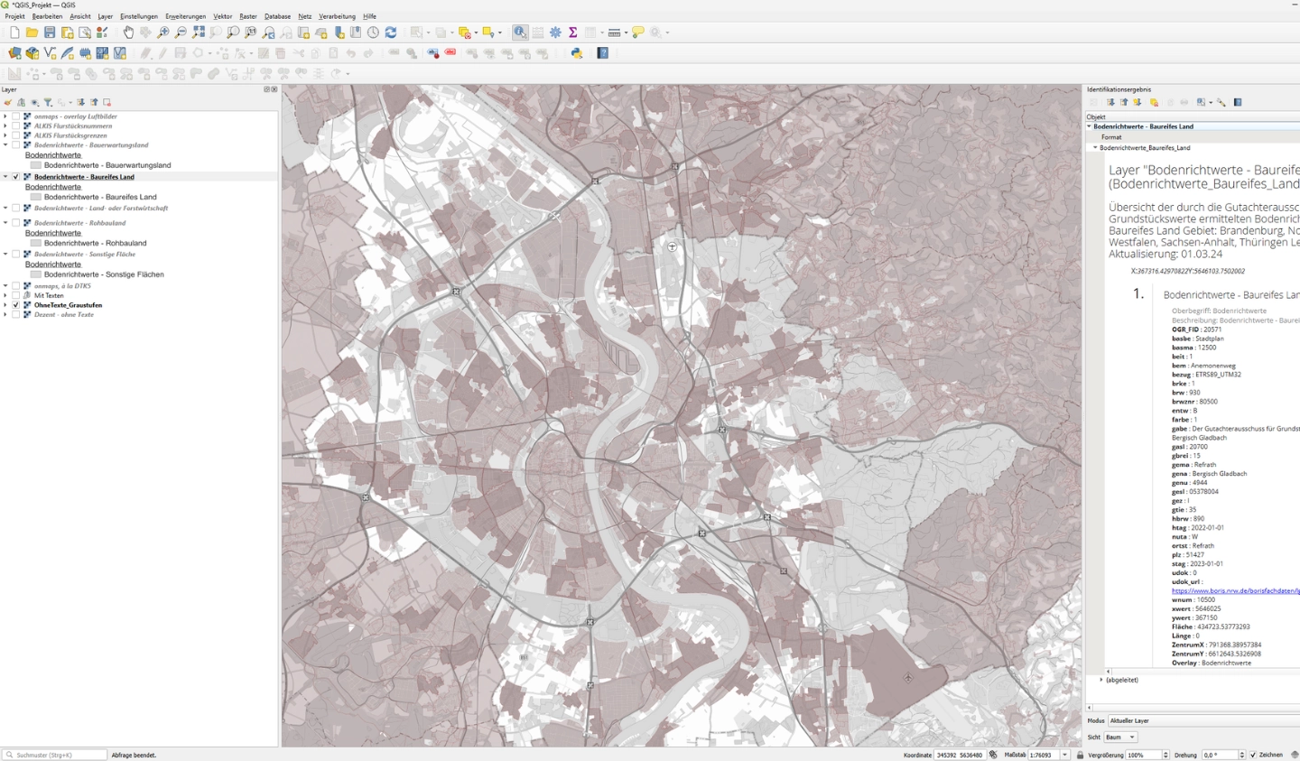QGIS-Karte mit visualisierten Bodenrichtwerten (BORIS) für baureifes Land in Deutschland