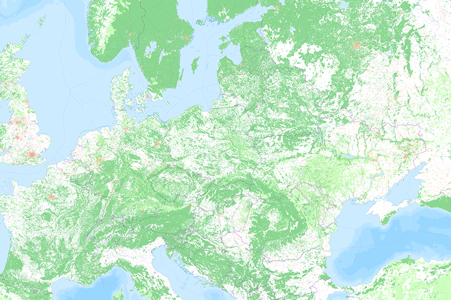 Topografische Karte von Europa mit Waldflächen, Gebirgen und Gewässern
