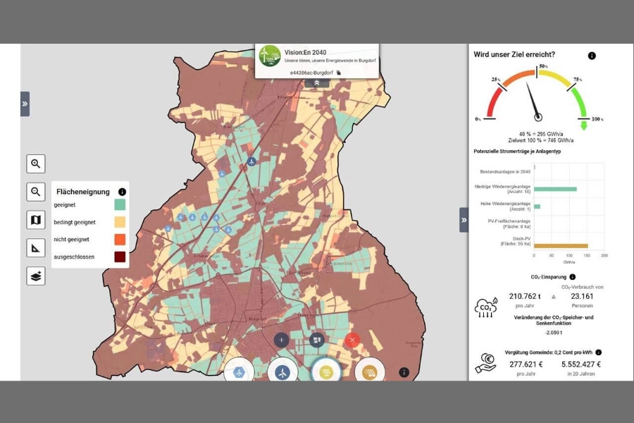Vision:En 2040 Dialogtool – Kartenansicht mit Flächeneignung und Energieauswertung zur Energiewende