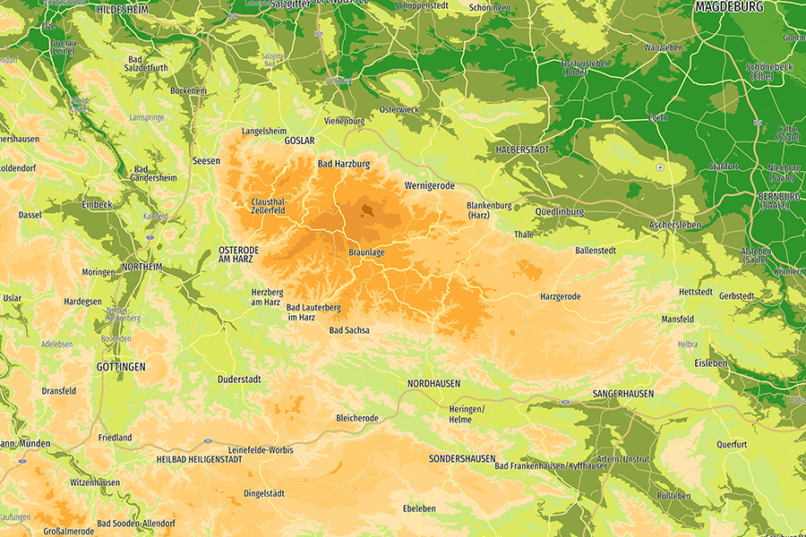 Farbige Höhenkarte des Harzes mit gut erkennbaren topographischen Strukturen
