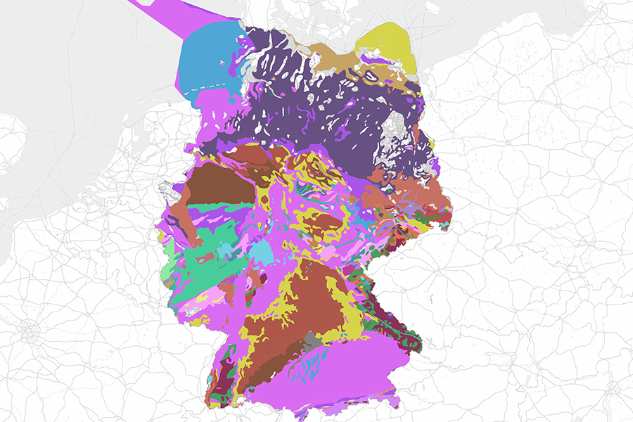 Karte der petrographischen Zusammensetzung Deutschlands im Maßstab 1:5.000.000, zeigt die Verteilung verschiedener Gesteinsarten