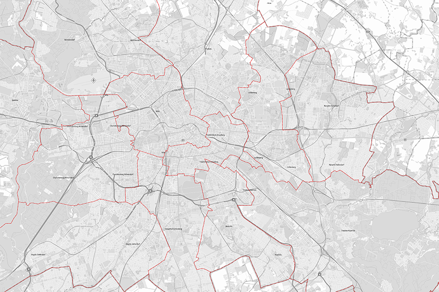 Karte von Berlin mit Verwaltungsgrenzen der Bezirke basierend auf ATKIS-Daten, rote Umrandung der Bezirksgrenzen