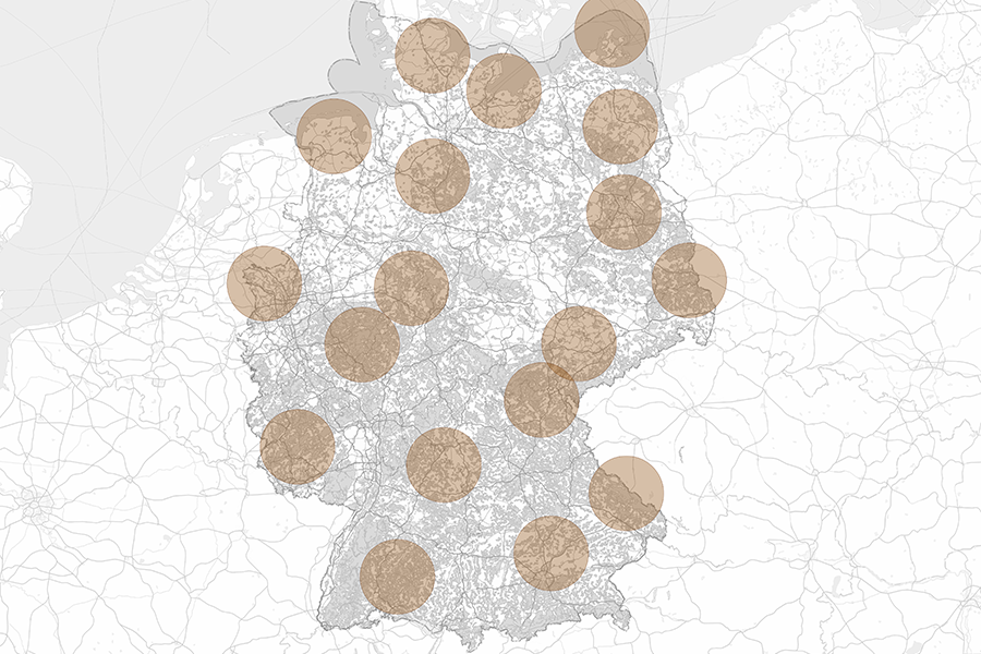 arte mit LVR 50km Interessensgebieten, farblich markierte Flächen mit geografischer Relevanz.