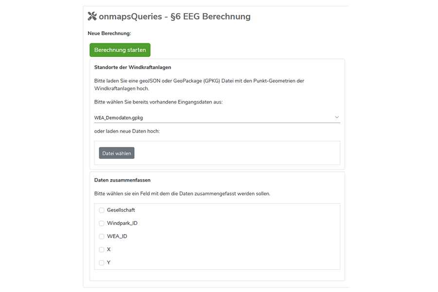 Formular zur Eingabe und Auswahl von Windkraft-Standorten für die EEG §6 Berechnung