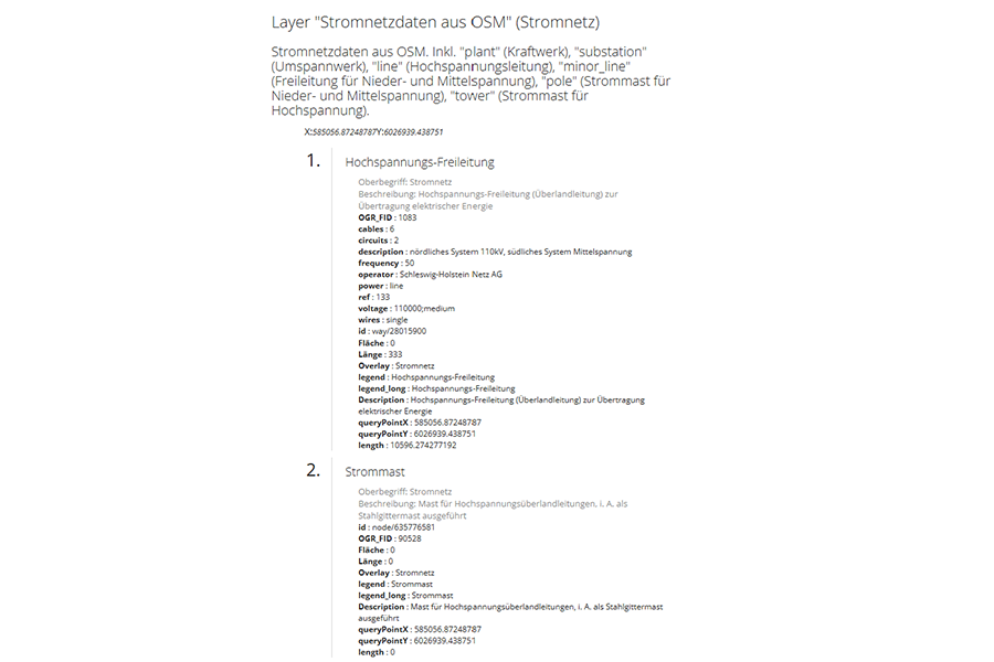 Karte des Stromnetzes mit GetFeature-Abfrage, zeigt Details zu Stromleitungen, Masten und Umspannwerken in Deutschland