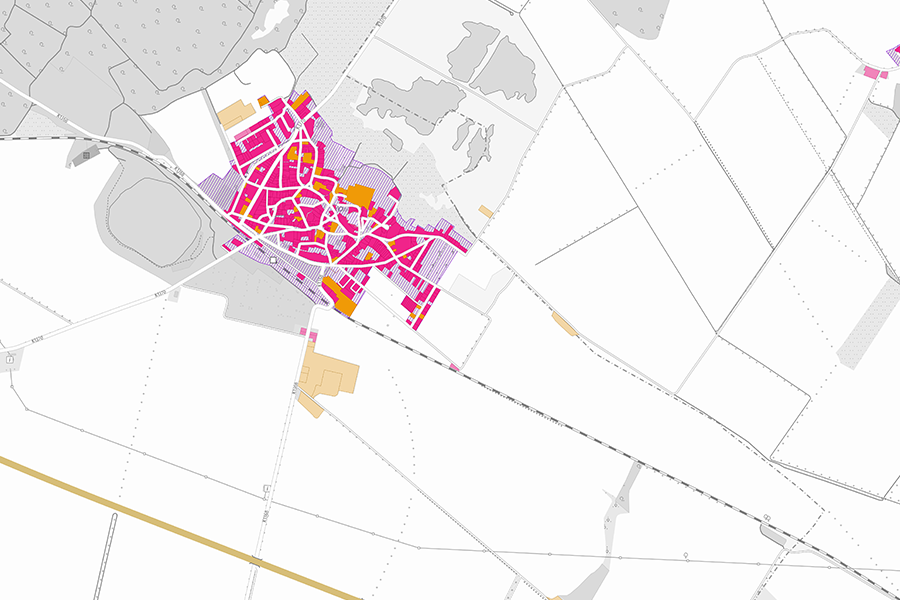 ALKIS Ortslagenanalyse mit Darstellung von Wohn- und Mischbebauung in Pink und Orange