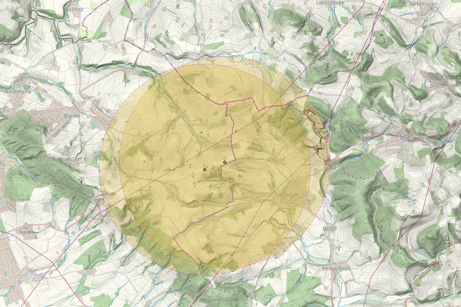 Topografische Karte mit gelber Pufferzone für die EEG-Flächenberechnung bei Windrädern in Hillersleben