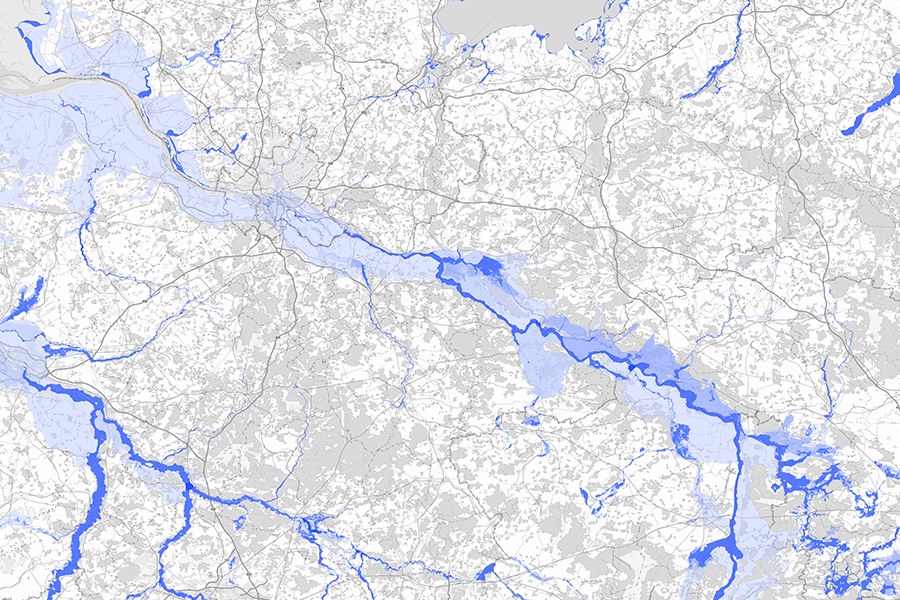 Karte von Hamburg und Umgebung mit farblich markierten Überflutungsflächen entlang der Elbe und angrenzender Flussläufe.