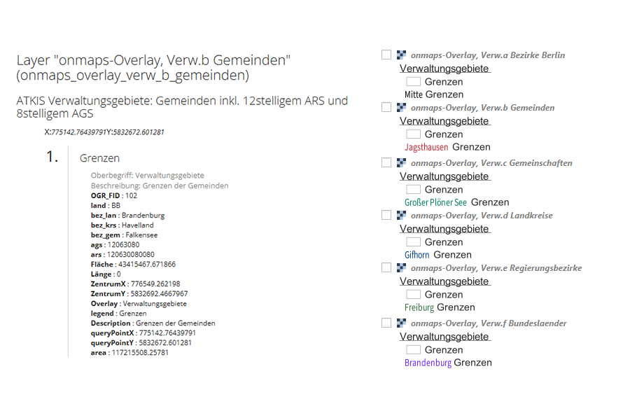 GetFeature-Abfrage mit Verwaltungsgebieten auf der linken Seite und zugehörigen Legenden für Gemeinden, Bezirke, Landkreise und Bundesländer auf der rechten Seite.
