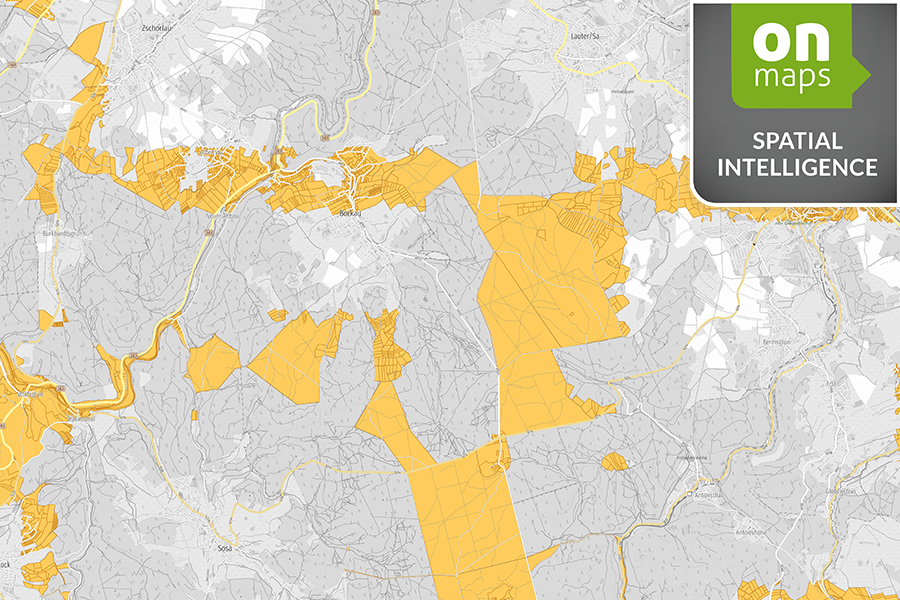 Graue Karte mit gelb hervorgehobenen Flächen und dem onmaps-Siegel für Spatial Intelligence