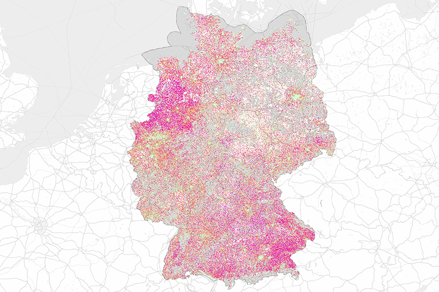Karte Deutschlands mit Zensus 2022-Daten zur durchschnittlichen Haushaltsgröße, dargestellt im 1-km-Gitter mit Quantilverteilung