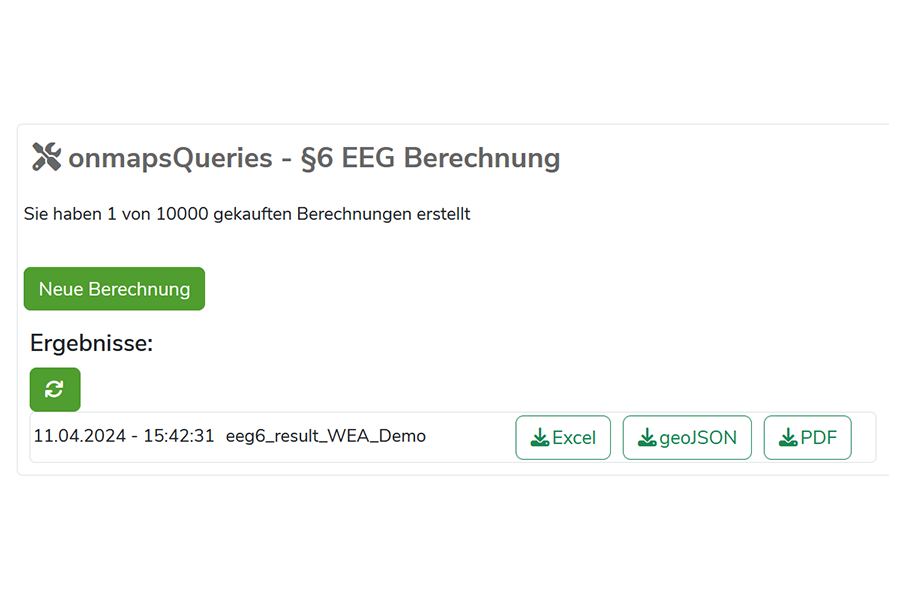 Benutzeroberfläche mit Ergebnisliste und Download-Optionen für eine durchgeführte EEG §6 Berechnung