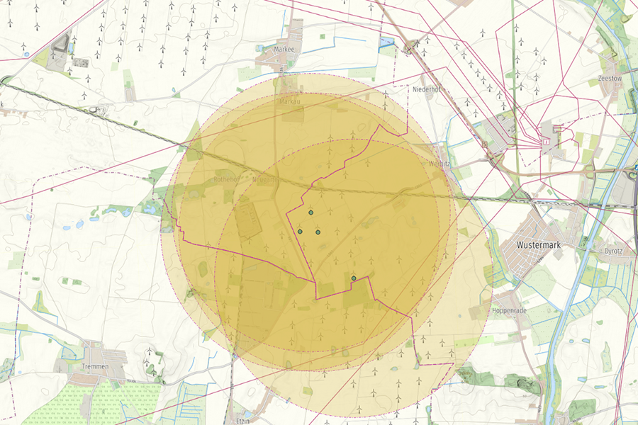 Karte bei Wustermark mit Windkraftanlagen und gelb eingefärbter EEG-Pufferzone