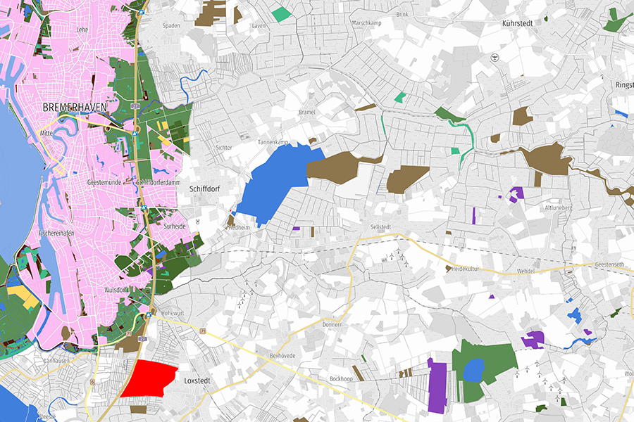 Biotopkartierte Flächen in Bremerhaven farbig dargestellt auf grauem Kartenstil
