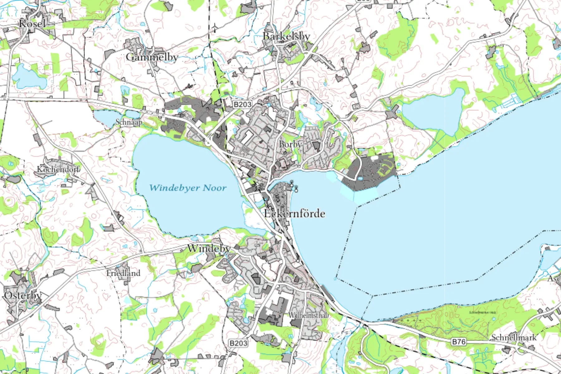 Karte von Eckernförde mit verschiedenen Inhalten zur Vegetation und Siedlungsbereichen