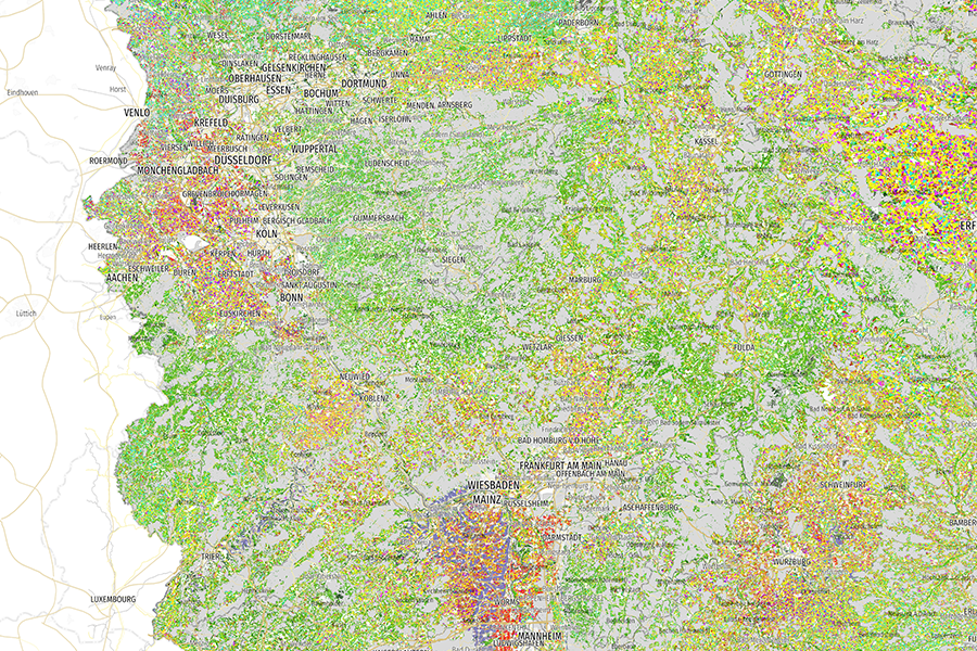 Karte der landwirtschaftlichen Nutzung und Feldfrüchte in Nordrhein-Westfalen, Rheinland-Pfalz und Hessen mit bunter Flächencodierung.