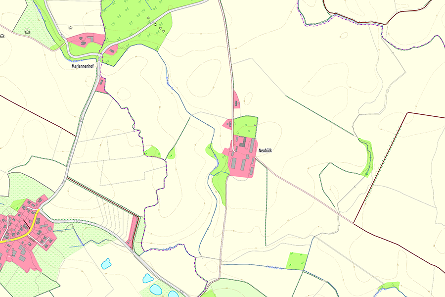 Topografische Karte im DTK5-Stil mit ATKIS- und ALKIS-Objekten im Bereich Neubük und Mariannenhof