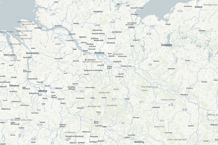OpenStreetMap-Karte mit einem hellen, minimalistischen Design für eine klare Darstellung von Straßen, Städten und Landschaften.