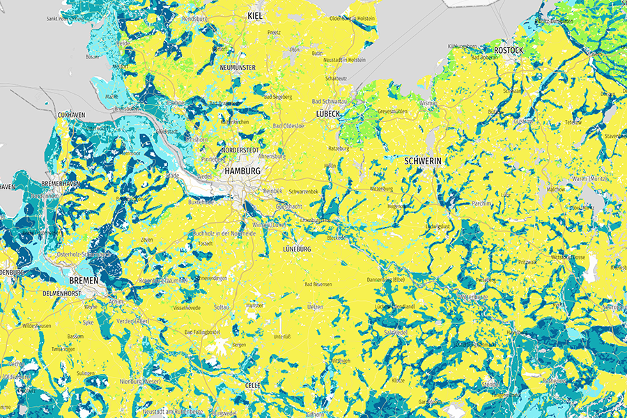 Karte der Grundwasserstufen in Deutschland, zeigt unterschiedliche Tieflagen des Grundwasserspiegels