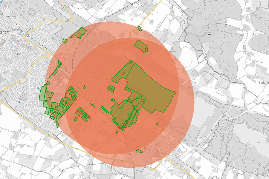 arte mit leicht abgewandelter Darstellung grün umrandeter Flurstücke im Pufferbereich um ein zentrales Gebiet
