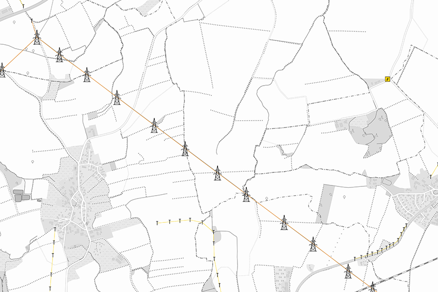 Karte des Hochspannungs-Stromnetzes in Deutschland mit markierten Strommasten, zeigt die Verteilung und Infrastruktur der Übertragungsleitungen