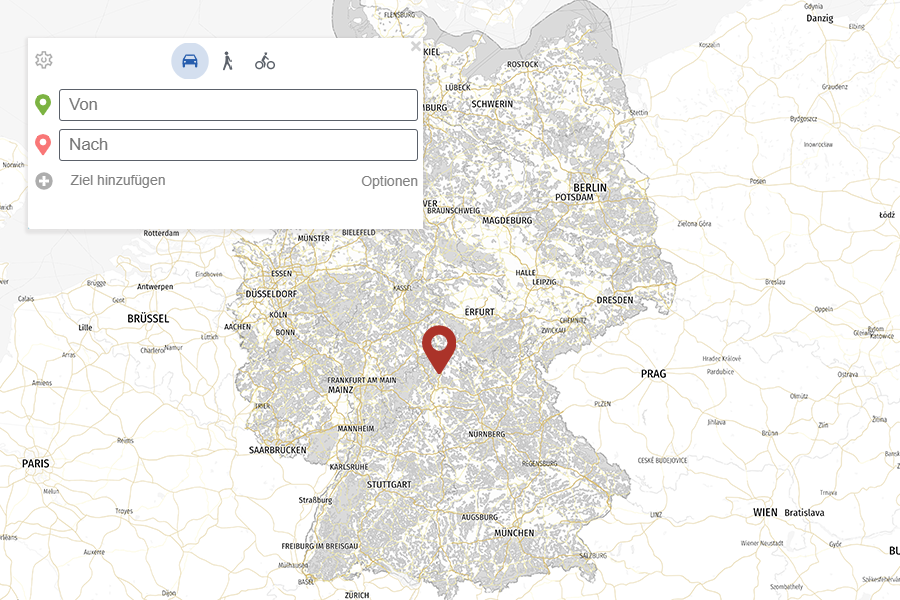Karte von Deutschland mit geöffneter Adresssuche und gesetztem Zielpunkt in der Mitte